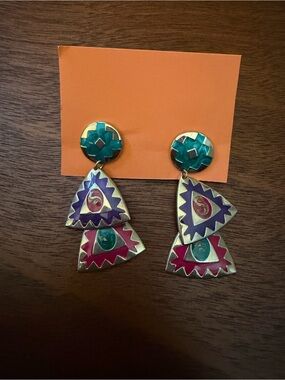 Colorful Geometric Dangle Earrings — Teal, Purple & Magenta